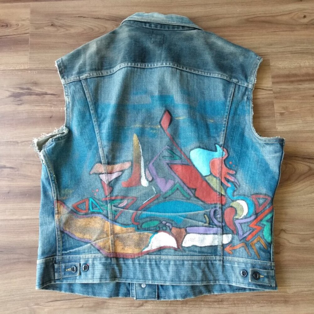 Vintage Denim Jean Jacket Vest Hand Painted XL 46" Chest "Lee Riders" - Picture 5 of 11